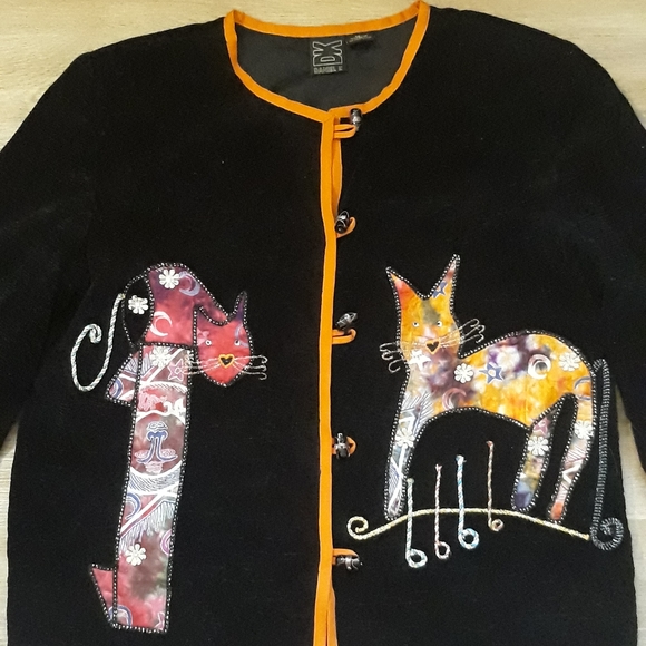 Vintage DK Daniel K Black + Orange Cat Creations Black Embellished Cardigan - Picture 6 of 14